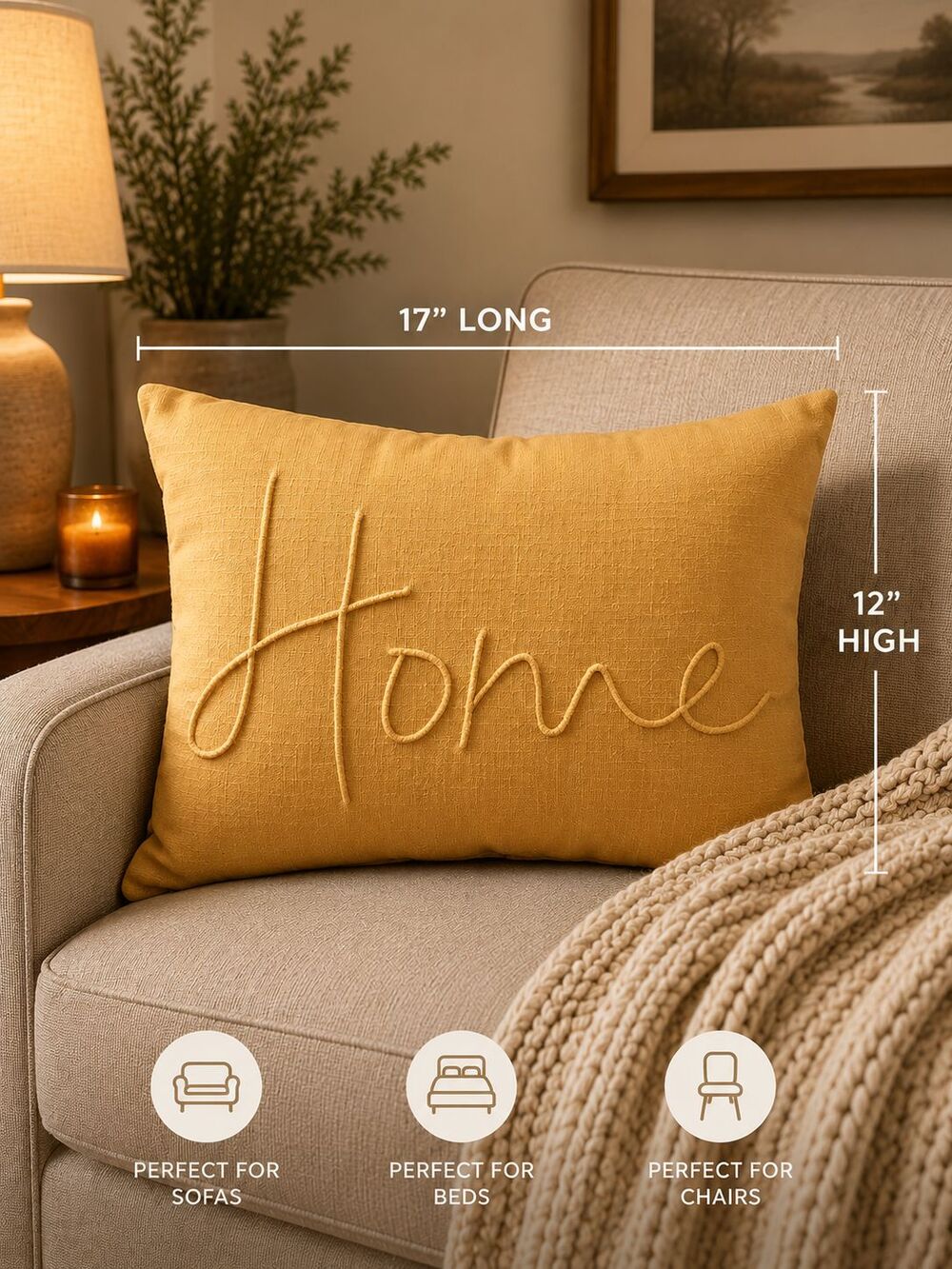 "Home" Script Lumbar Throw Pillow 17x12 Embroidered Accent Cushion Decor